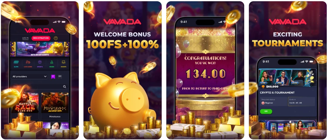 Vavada app download Android screens