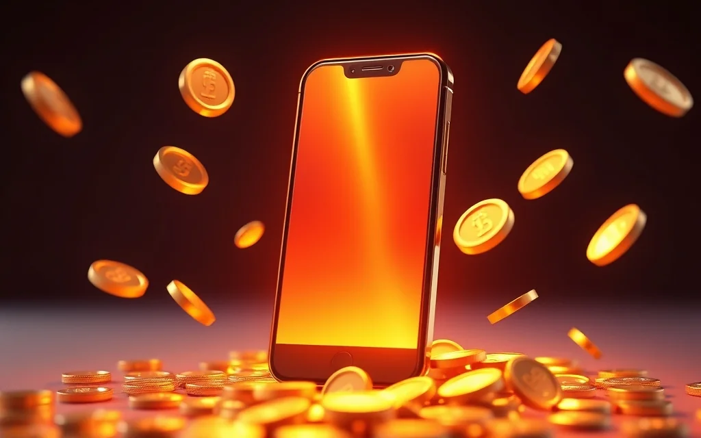 Smartphone leuchtet mit goldenen Münzen