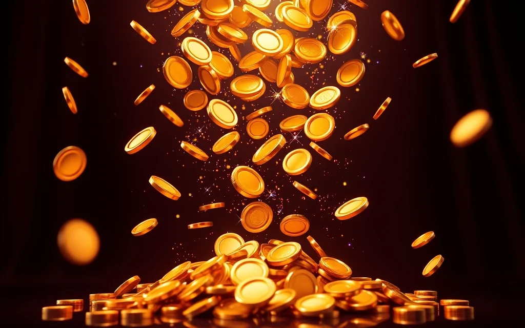 Cascade of golden coins with sparkles