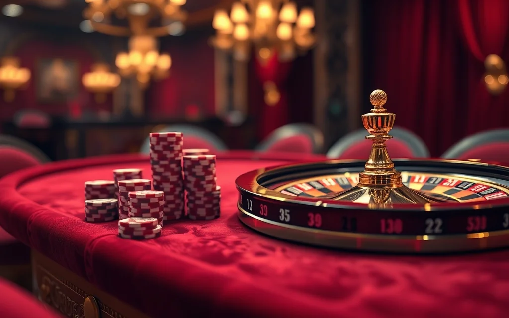 Table de casino en velours avec jetons et roulette