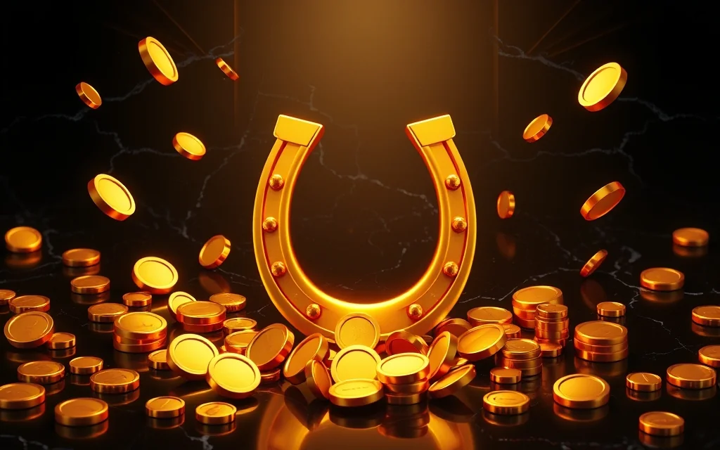 Golden lucky horseshoe surrounded by coins