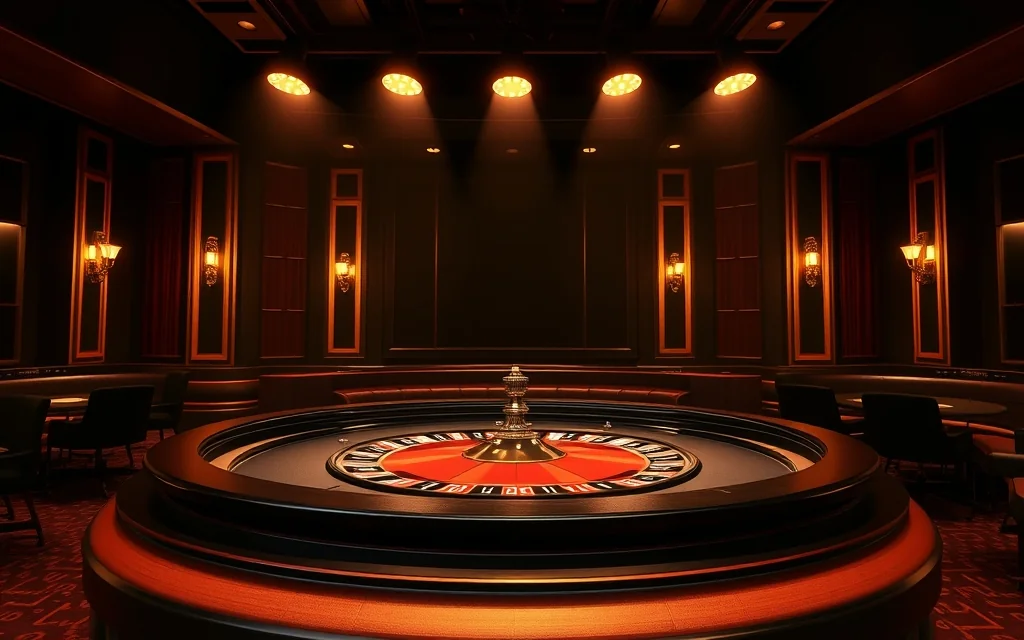 Luxurious dark casino interior with roulette table